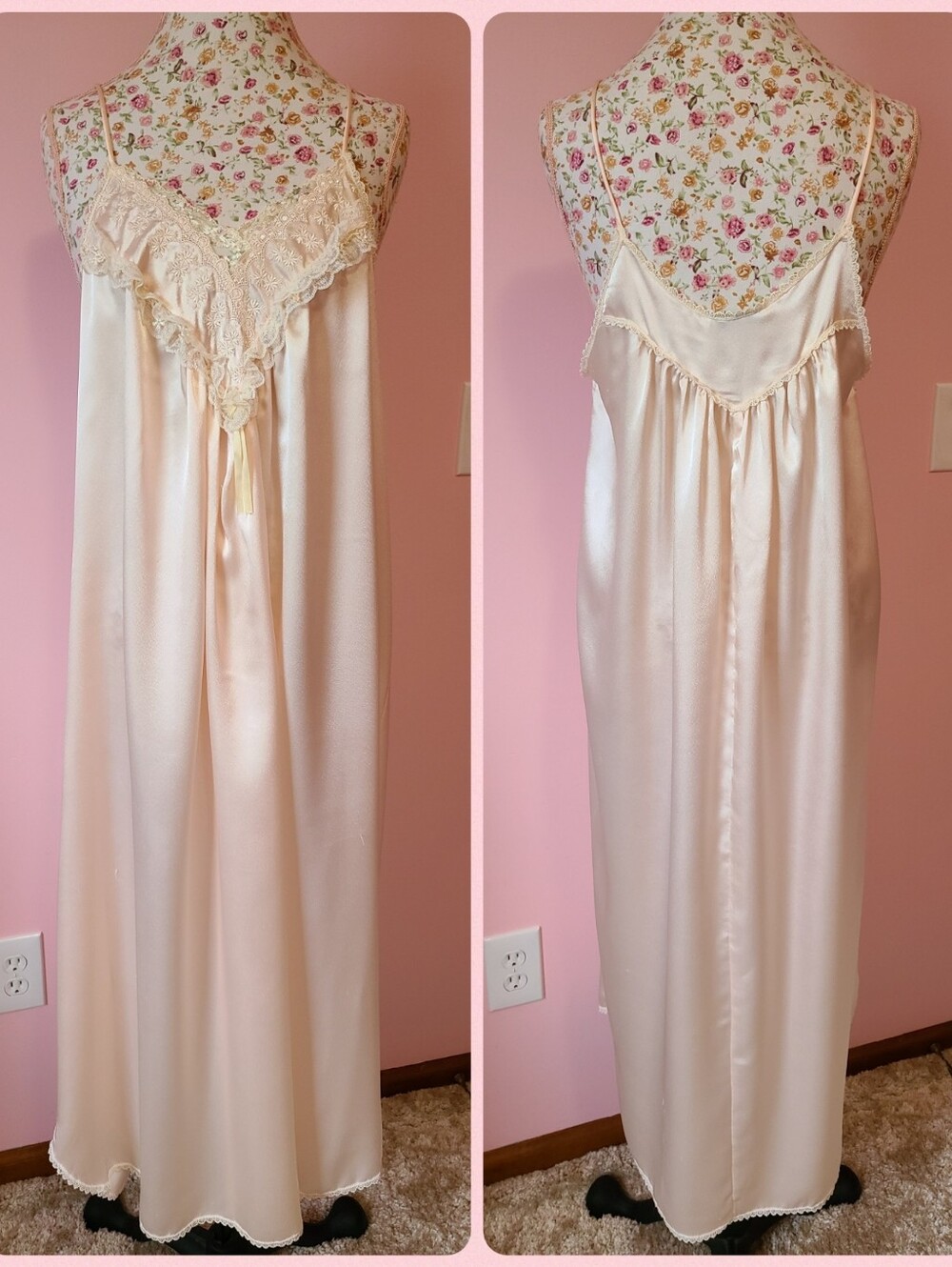 VTG Christian Dior Silky Satin Embroidered Lace Ruffle Midi Gown Size Lg